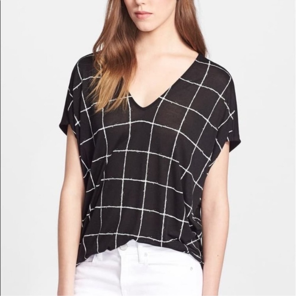 Vince Black Short Sleeve Windowpane Top, XS
